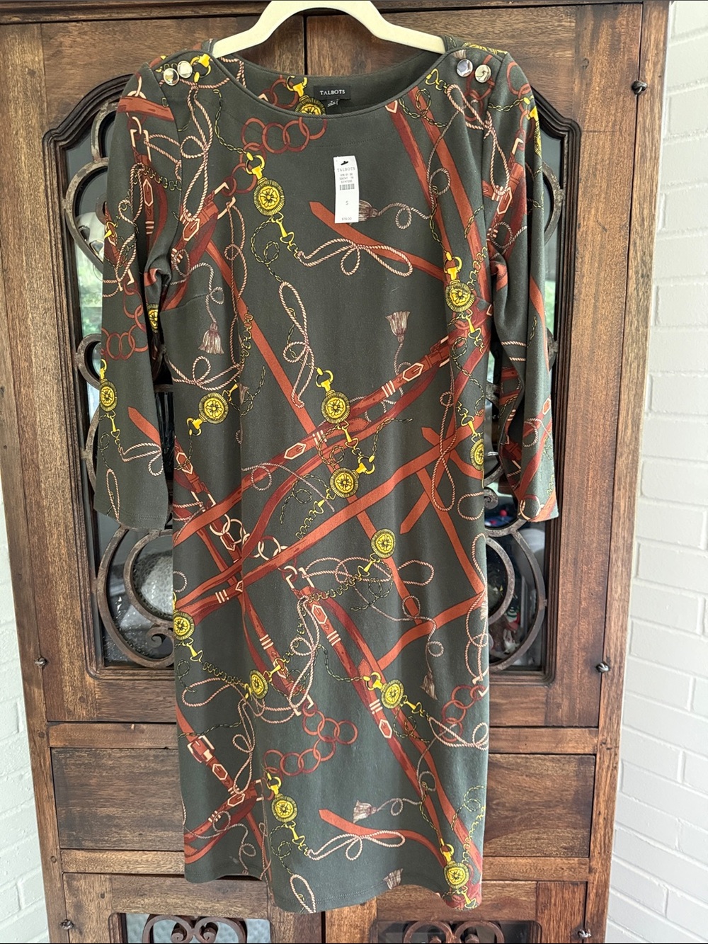 Talbots Olive Green Chain & Ribbon Print Midi Dress